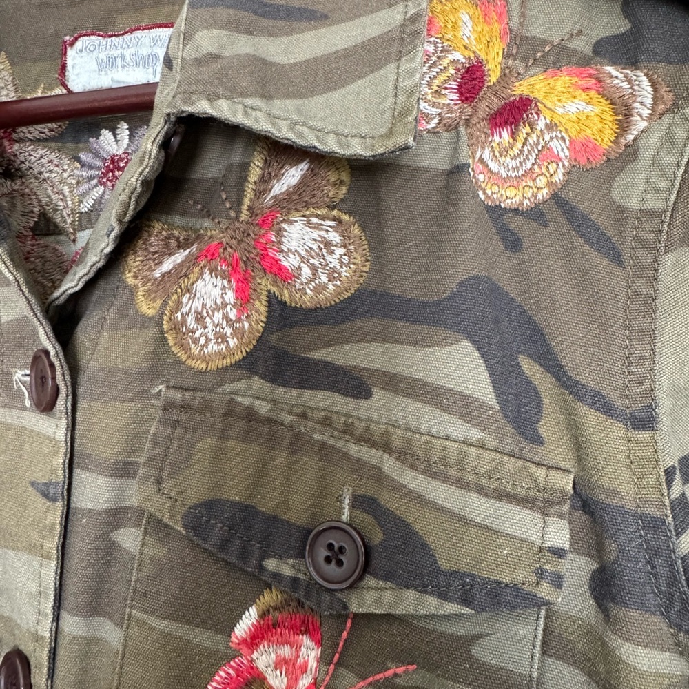 Johnny Was Olive Camouflage Jacket with Red Floral Accents - Picture 5 of 6